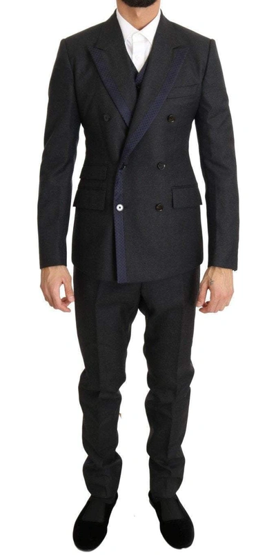 Dolce & Gabbana Grey Wool Blue Silk Double Breasted Suit