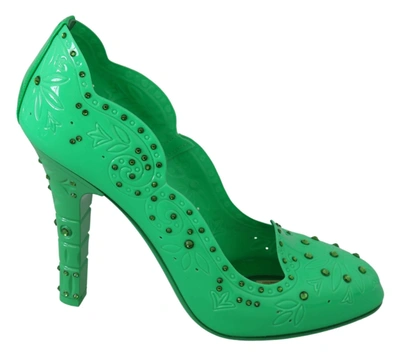 Dolce & Gabbana Green Crystal Floral Heels Cinderella Shoes