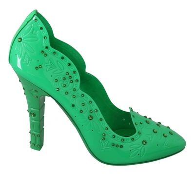 Dolce & Gabbana Green Crystal Floral Heels Cinderella Shoes