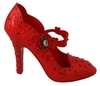 DOLCE & GABBANA RED FLORAL CRYSTAL CINDERELLA HEELS SHOES