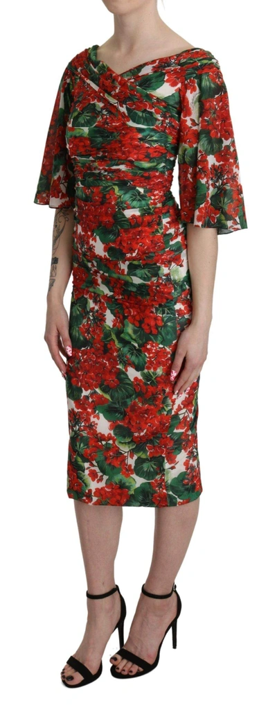 Dolce & Gabbana Ruched Geranium-print Silk-blend Midi Dress In Red