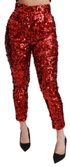 DOLCE & GABBANA RED SEQUINED CROPPED TROUSERS PANTS