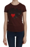 Exte Heart Print Crew Neck  Short Sleeve Blouse In Brown