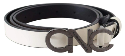 Costume National Belt Mettalic Gray Leather Logo Belt In White