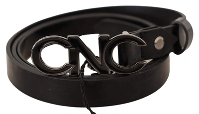 Costume National Black Leather Letter Logo Buckle Belt