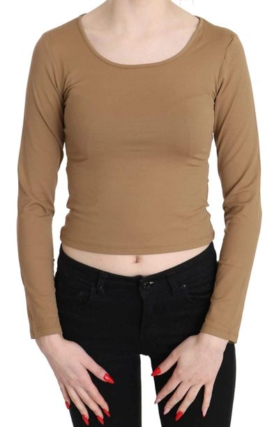 Gf Ferre' Round Neck Long Sleeve Slim Crop Top Blouse In Brown