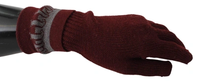 John Galliano Maroon Elastic Wrist Length Mitten Designer Logo Gloves In Bordeaux