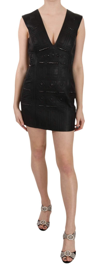 John Richmond Black Leather Studded Mini Shift Dress In Black