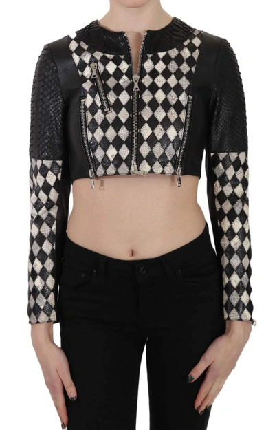 John Richmond Black White Leather Short Cropped Biker Jacket Coat