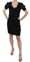 John Richmond Silk Leather Flowers Sheath Dress In Black