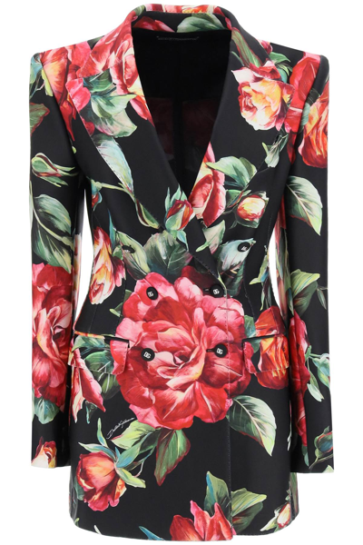 Dolce & Gabbana Double-breasted Satin-trimmed Floral-print Silk Blazer In Black