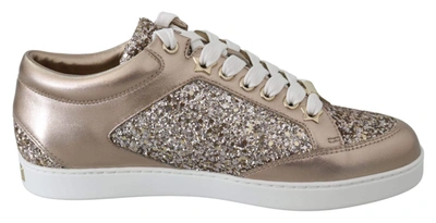Jimmy Choo Miami Glitter-paneled Metallic Leather Sneakers In Gold And Pink