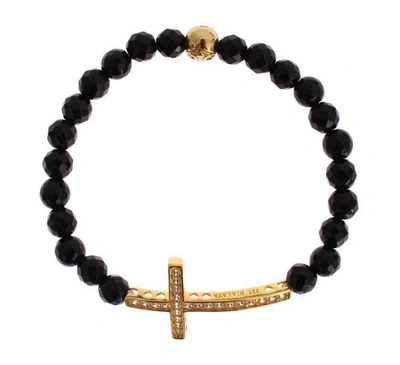 Nialaya Agate Stone Gold Cz Cross 925 Silver Bracelet In Black