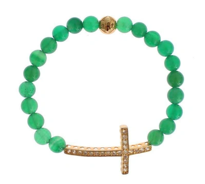 Nialaya Jade Stone Gold Cz Cross 925 Silver Bracelet In Green