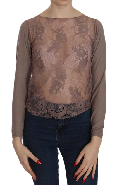 Pink Memories Lace See Through Long Sleeve Top In Brown