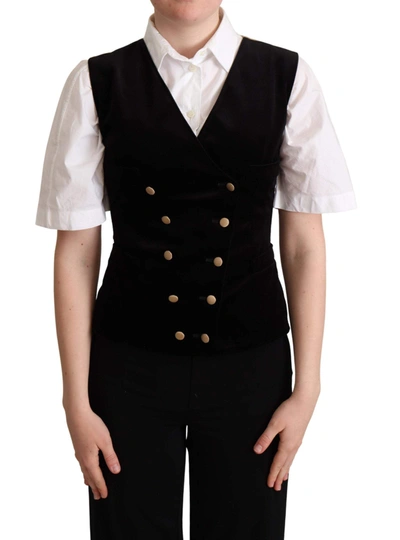 Dolce & Gabbana Black Beige Velvet Waistcoat Vest