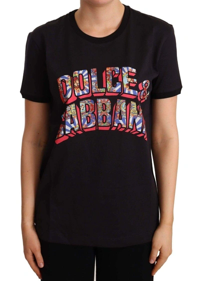 Dolce & Gabbana Black Cotton Large Print Top Crewneck T-shirt