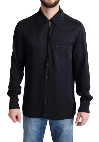 Dolce & Gabbana Black Jacquard Silk Casual Btton Doown Shirt