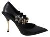 DOLCE & GABBANA BLACK LEATHER CRYSTAL SHOES MARY JANE PUMPS