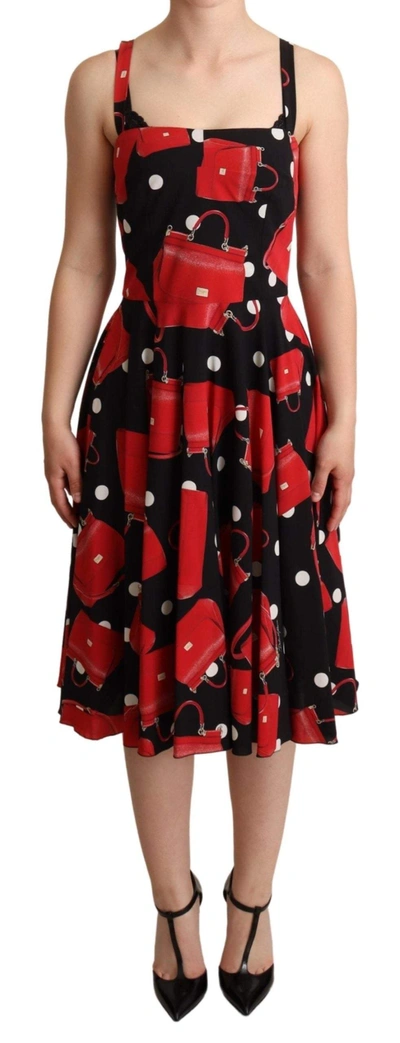 Dolce & Gabbana Black Red Bag Print A-line Mid Length Dress