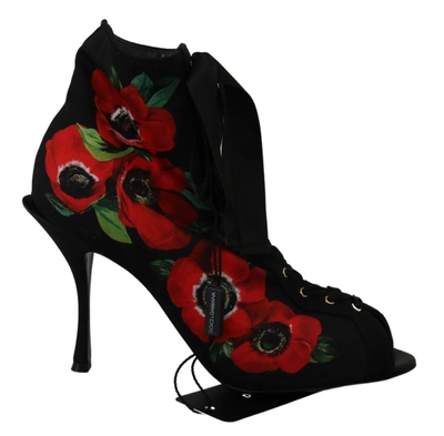 Dolce & Gabbana Black Red Roses Ankle Booties Shoes