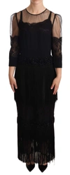 DOLCE & GABBANA BLACK SHEER FLORAL LACE CRYSTAL MAXI DRESS