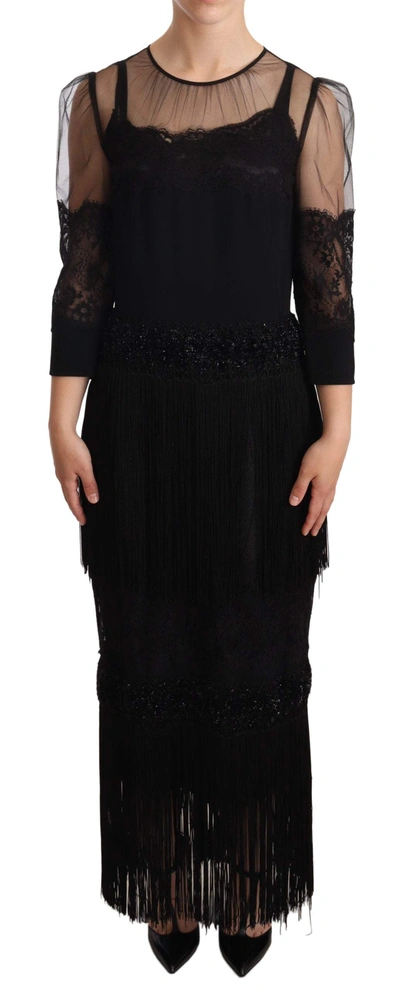 DOLCE & GABBANA BLACK SHEER FLORAL LACE CRYSTAL MAXI DRESS