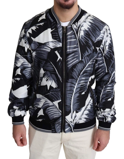 Dolce & Gabbana Black Silk Banana Leaf Print Bomber Jacket