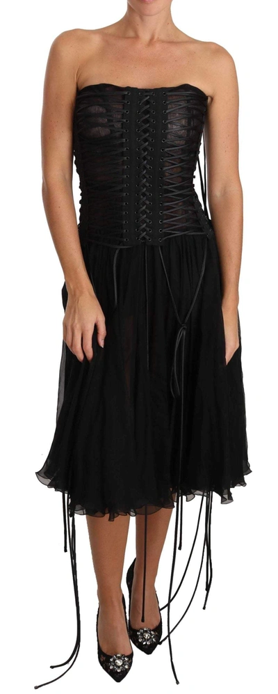 Dolce & Gabbana Black Strapless Corset A-line Midi Dress
