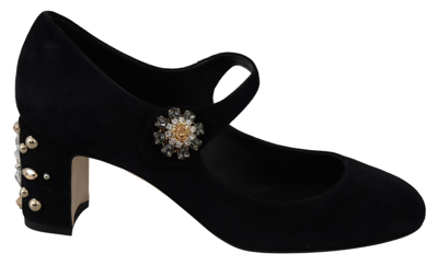 Dolce & Gabbana Black Suede Crystal Heels Mary Jane Shoes