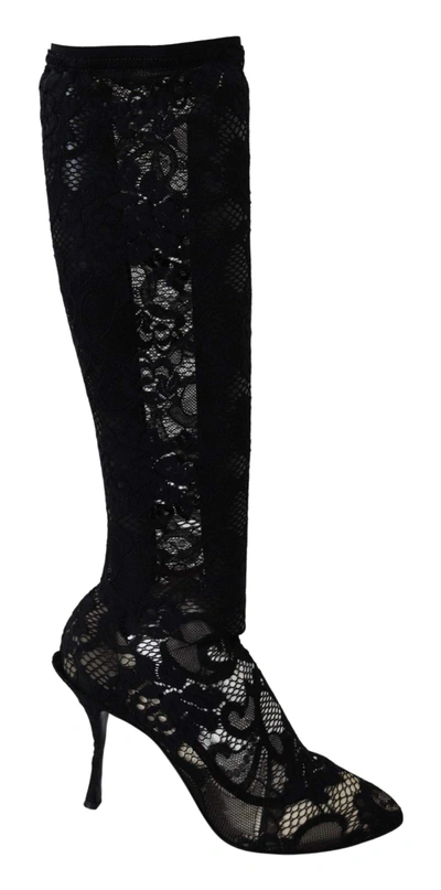 Dolce & Gabbana Black Taormina Lace Socks Boots Shoes Pumps