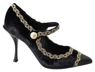 Dolce & Gabbana Black Embellished Velvet Mary Jane Pumps Shoes