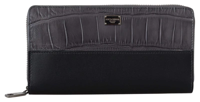 Dolce & Gabbana Black Zip Around Continental Clutch Leather Wallet In Black And Gray