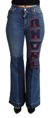 Dolce & Gabbana Blue Amore Patch Boot Cut Cotton Stretch Pant In Blue