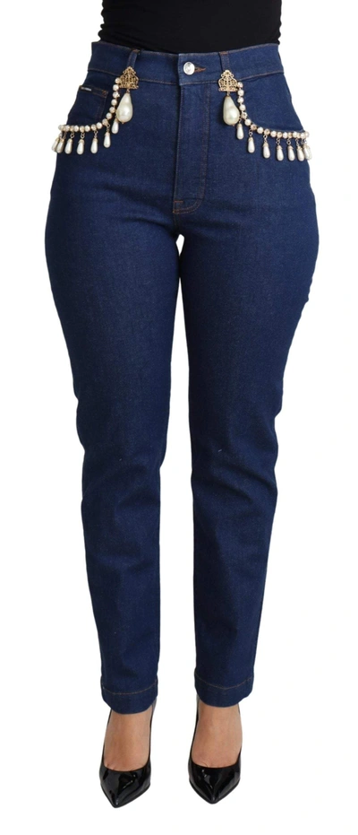 Dolce & Gabbana Blue Cotton Stretch Embellished Skinny Jeans