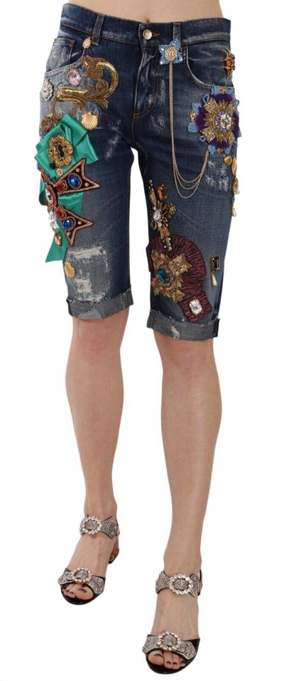 DOLCE & GABBANA BLUE DENIM MID WAIST CRYSTAL CAPRI SHORTS