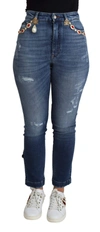 Dolce & Gabbana Blue Crystal Embellished Slim Fit Pants Jeans In Blue