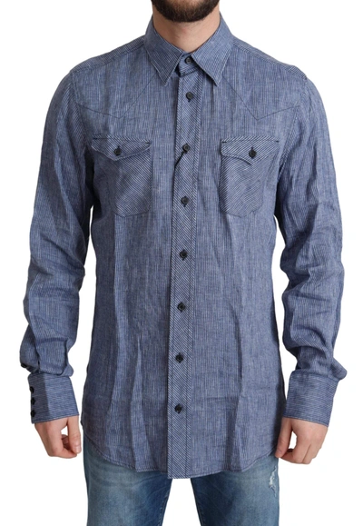 Dolce & Gabbana Blue Stripes Men Casual Button Down Shirt