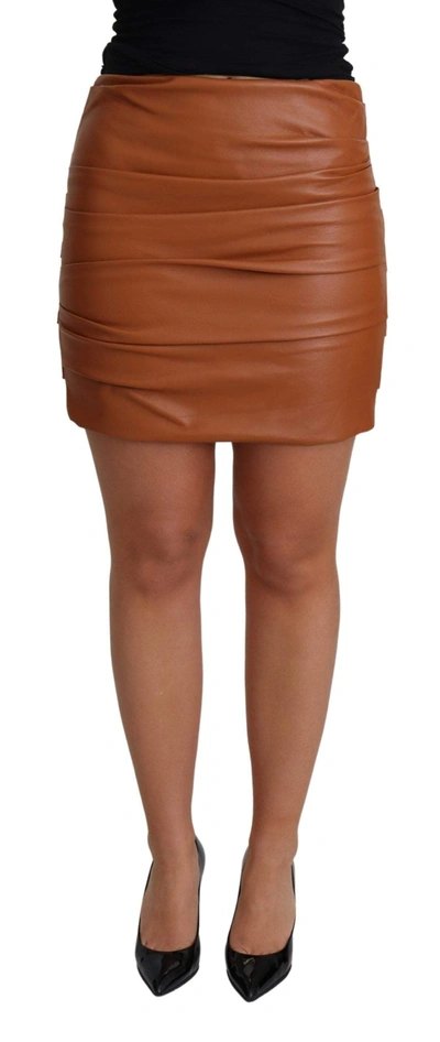 DOLCE & GABBANA BROWN LAMBSKIN HIGH WAIST MINI PLEATED SKIRT