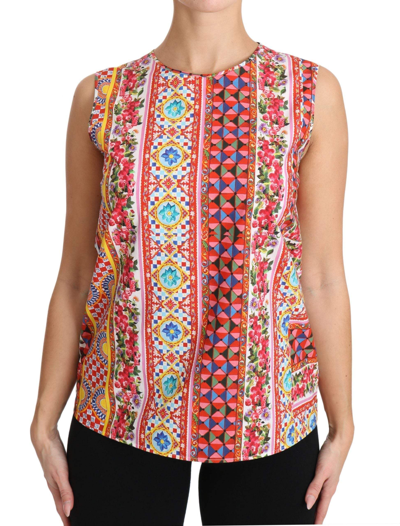 Dolce & Gabbana Carretto Print Pure Cotton Tank Top Floral Blouse In Multicolor