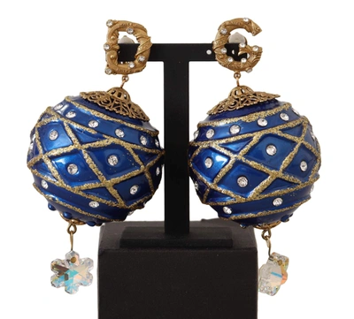 Dolce & Gabbana Gold Brass Blue Christmas Ball Crystal Clip On Earrings