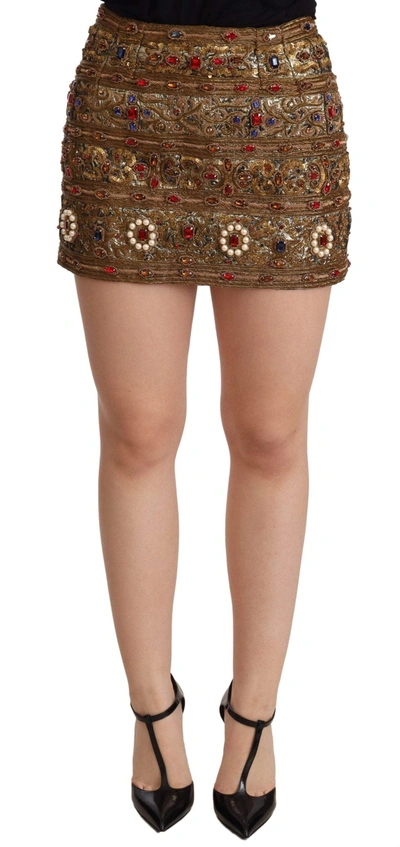 DOLCE & GABBANA GOLD CRYSTAL JACQUARD HIGH WAIST SKIRT