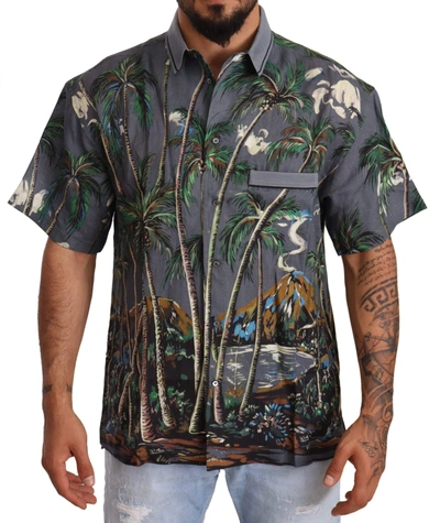 Dolce & Gabbana Grey Linen Tropical Print Collared Shirt