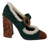 DOLCE & GABBANA GREEN SUEDE FUR SHEARLING MARY JANE SHOES