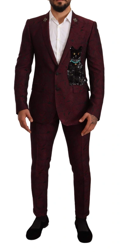 DOLCE & GABBANA MAROON CAT SEQUIN MARTINI 2 PIECE SUIT