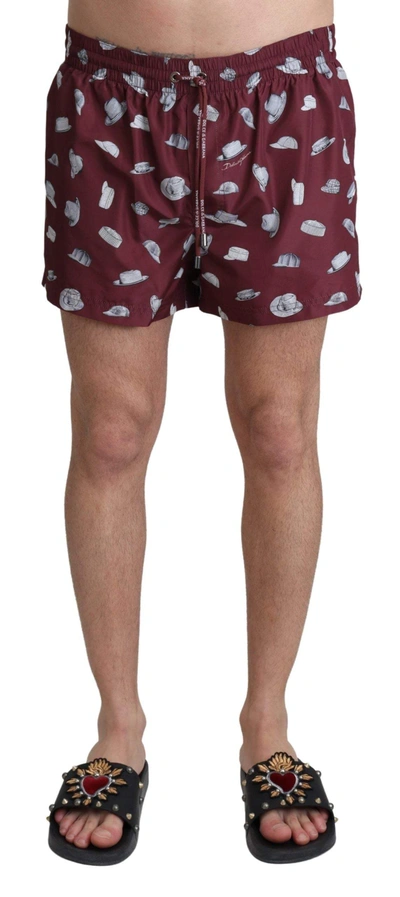 Dolce & Gabbana Maroon Hats Print Beachwear Shorts Swimwear In Marrone