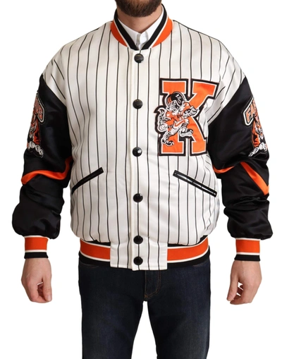 Dolce & Gabbana Pinstripe Tiger-graphic Baseball Jacket In Neutral