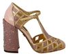 DOLCE & GABBANA PINK GOLD LEATHER CRYSTAL PUMPS T-STRAP SHOES
