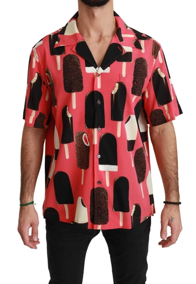 Dolce & Gabbana Pink Ice Cream Print Mens Casual Silk Shirt