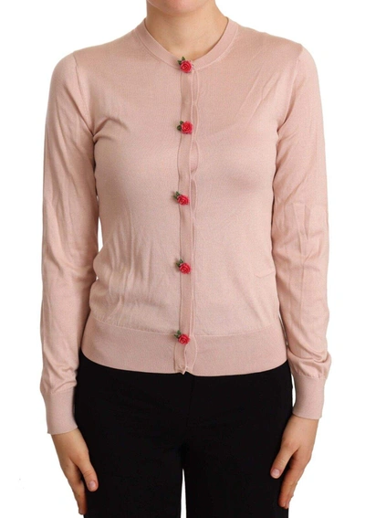 Dolce & Gabbana Pink Silk Knit Rose Button Cardigan Jumper